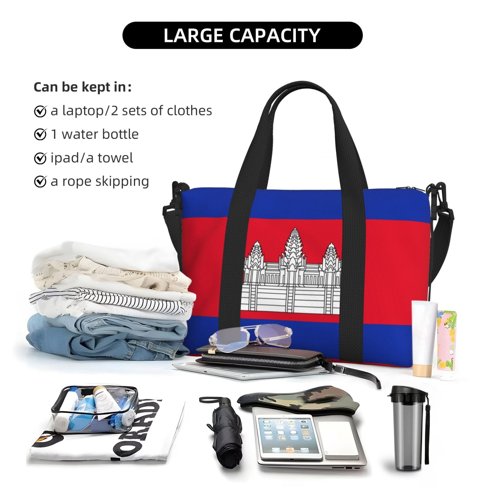 Travel Duffel Bag Cambodian Flag Sports Tote Gym Bag Shoulder Weekender Overnight Bag For Women Men