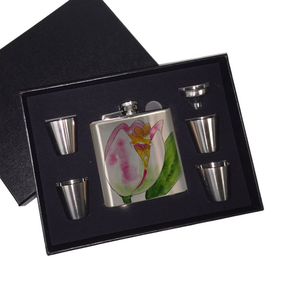KuzmarK 6 oz. Stainless Steel Flask Set in Black Presentation Box - Tiny Tiger Kittie Fairies with Pink Tulip Fantasy Cat Art by Denise Every