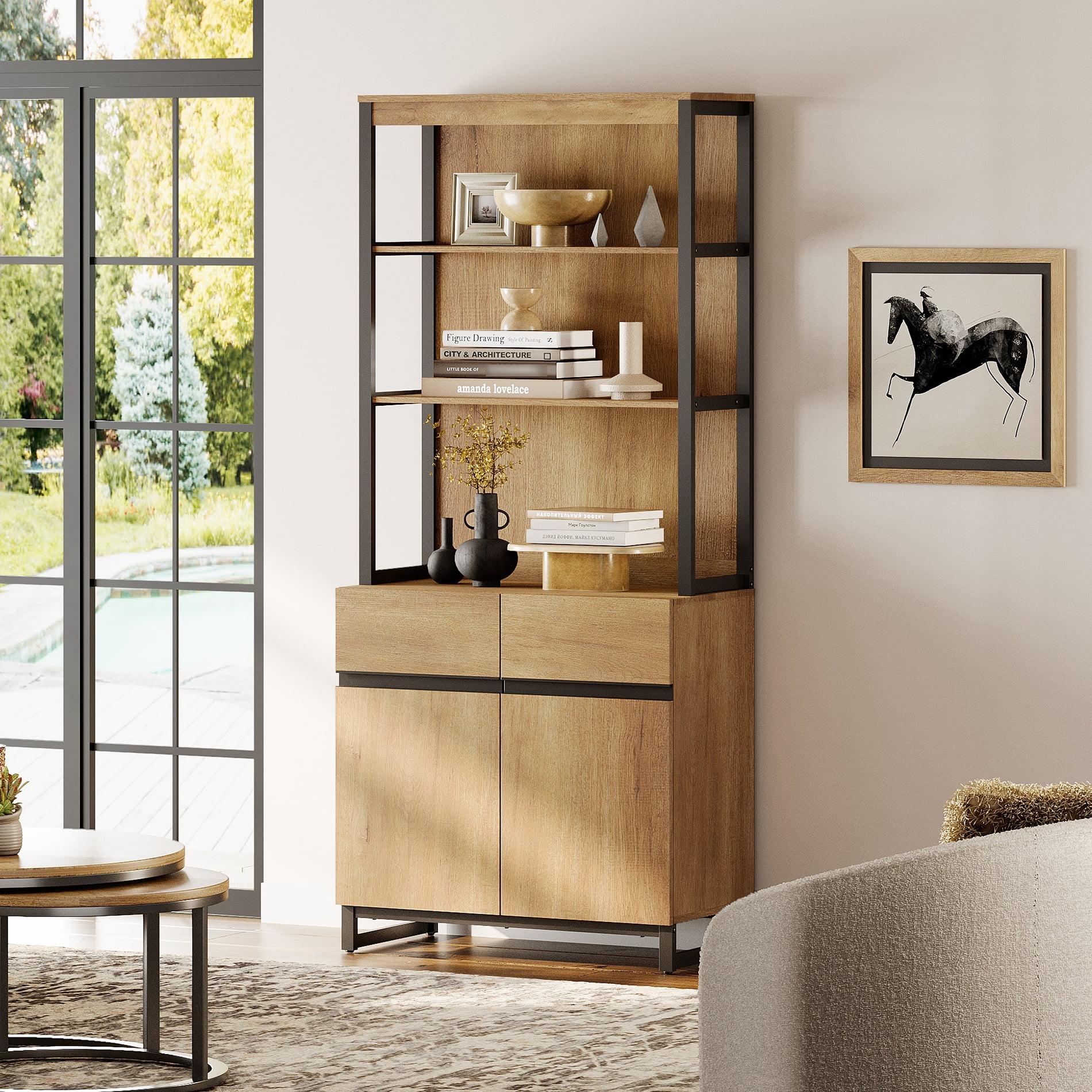 WAMPAT Modern 72" Tall Bookcase with Metal Base and Adjustable Shelves, Library Book Shelf with Storage Cabinet and Open Book Shelfs, Wood Bookshelf for Home Office, Living Room, Oak