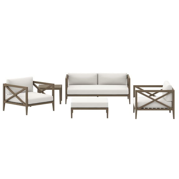 5 pcs Lounge Sectional Sofa Table Set, Brown, Teak Wood, Outdoor Patio Balcony Cafe Bistro Garden Hospitality Restaurant, Modern Contemporary, HB37918