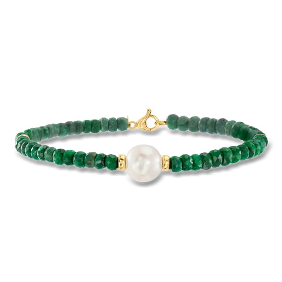 Ross-Simons Cultured Pearl and 26.00 ct. t.w. Emerald Bead Bracelet in 14kt Yellow Gold, Women's, Adult