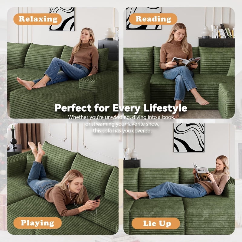94'' Cloud Sectional Sofa with 2 Ottomans, Modular Upholstered Sofa Couch with Deep Seat, Plush Corduroy Fabric U Shaped Sofa for Living Room, Left Facing Chaise