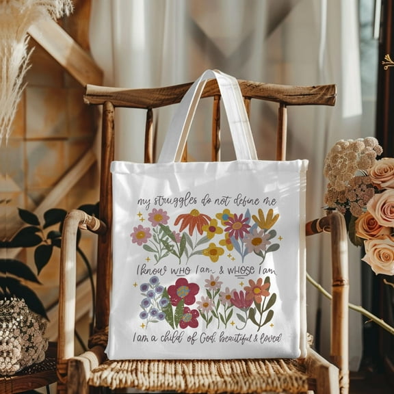 Boho Christian Canvas Tote Bag for Women | I Am a Child of God Beautiful & Loved Floral Christian Affirmations | Religious Gift for Church, Shopping & Everyday Use