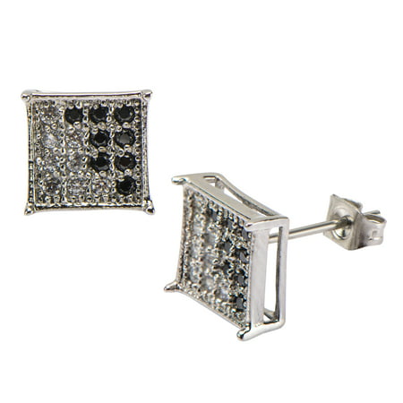 Body Art Stainless Steel with Clear and Black CZ Stones in Pave Set Square Hip Hop Studs Earrings