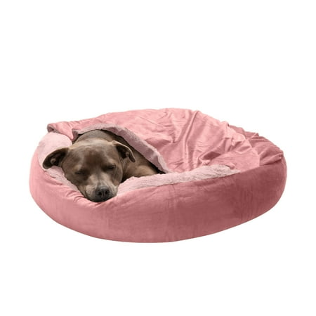 UPC: 0842229122473 | FurHaven Pet Products Wave Faux Fur & Velvet Hooded Donut Pet Bed for Dogs & Cats – Rose Pink Medium