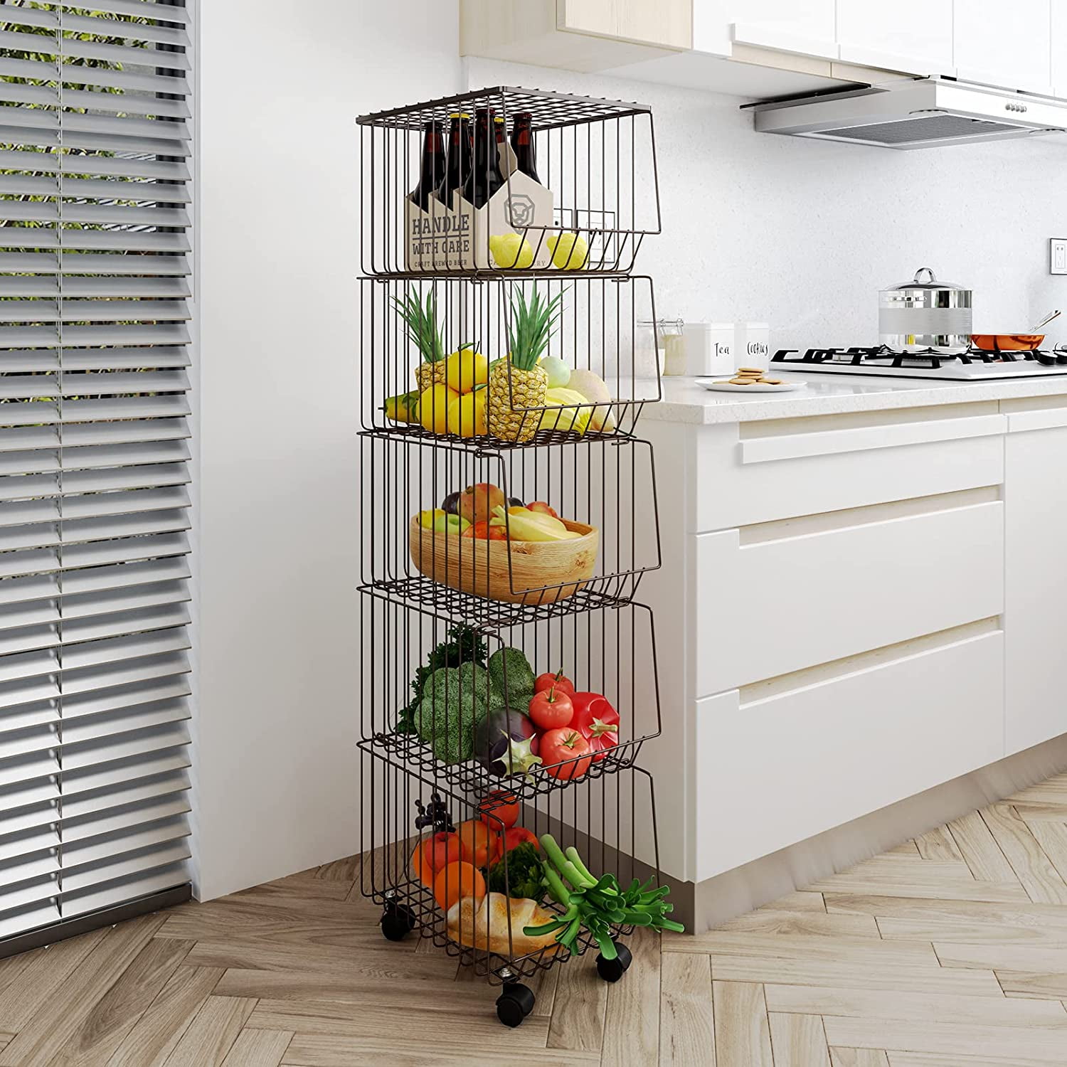 Bathroom Rack Metal Wire Baskets,3-Tier Stackable Storage Baskets with Rolling Wheels for Kitchen,Fruit Pantry Vegetables 