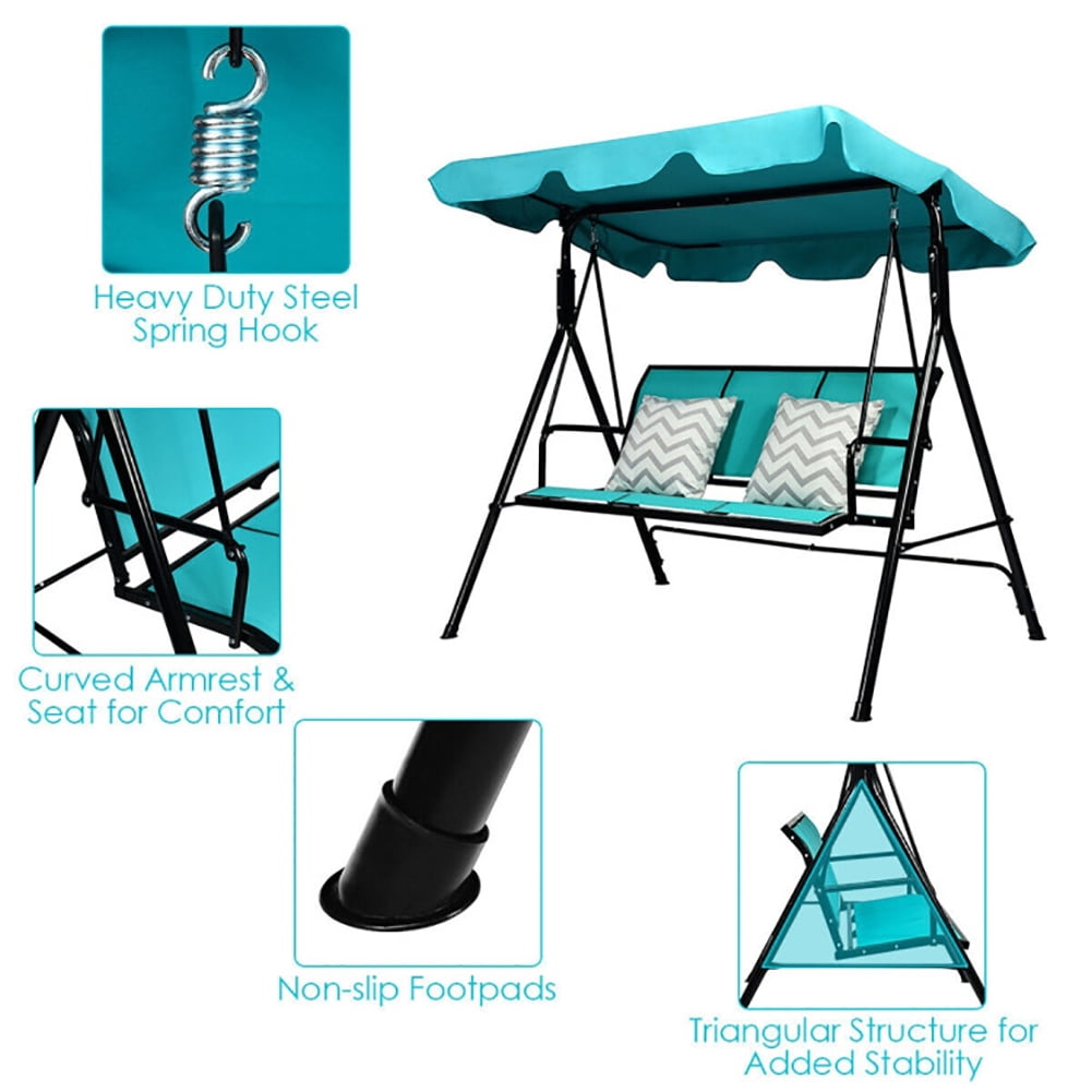 Aimee Lii Outdoor Patio 3 Person Porch Swing Bench Chair with Canopy, Outdoor Swings for Adults, Blue