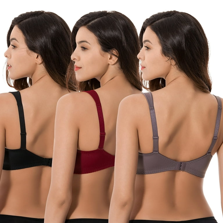 Curve Muse Plus Size Unlined Minimizer Wirefree Bras with Embroidery  Lace-3Pack--BURGUNDY,BLACK,GREY-40DDDD 
