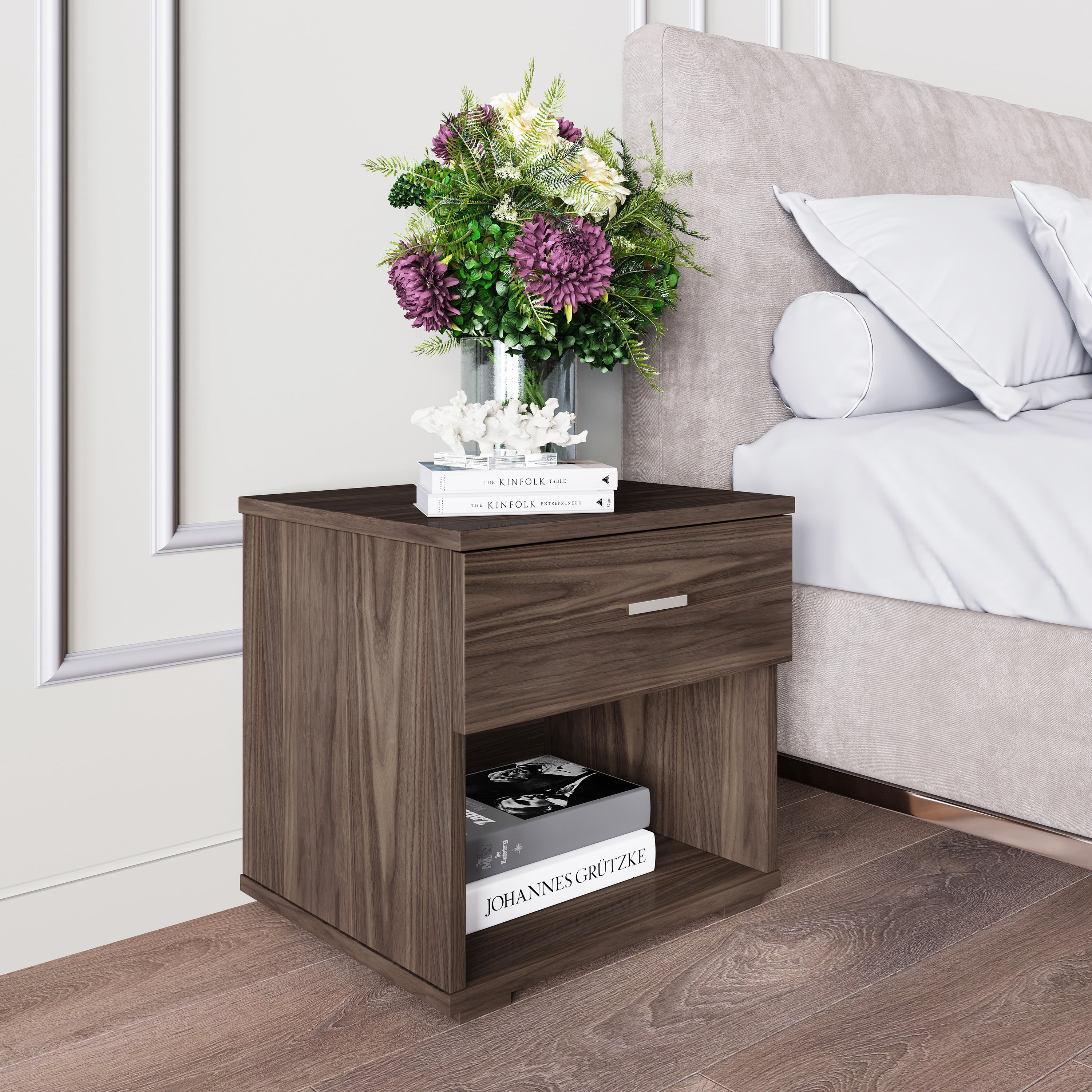 Boyd Sleep Novara One Drawer Nightstand with Open Storage, Walnut