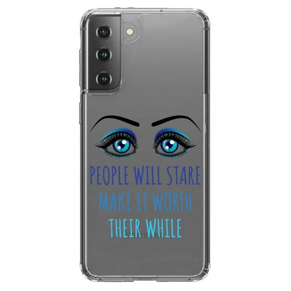 DistinctInk Clear Shockproof Hybrid Case for Galaxy S21 5G (6.2" Screen) - TPU Bumper Acrylic Back Tempered Glass Screen Protector - People Will Stare Make it Worth Their While