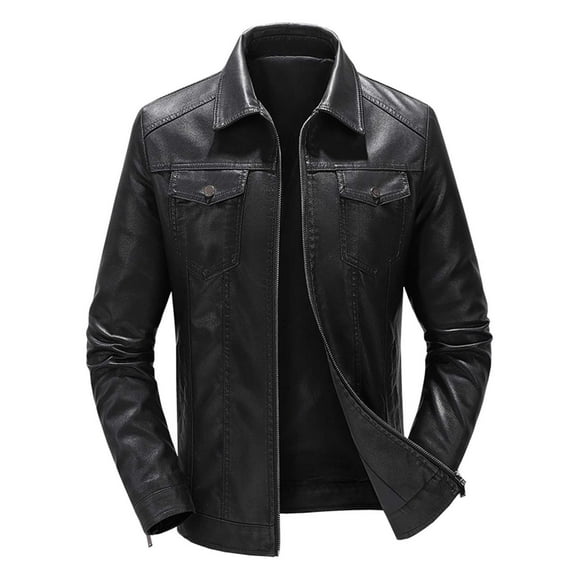 Men's Casual Leather Jacket Autumn Winter Warm Coat Long Sleeve Stand Collar Fashion Outerwear with Pockets