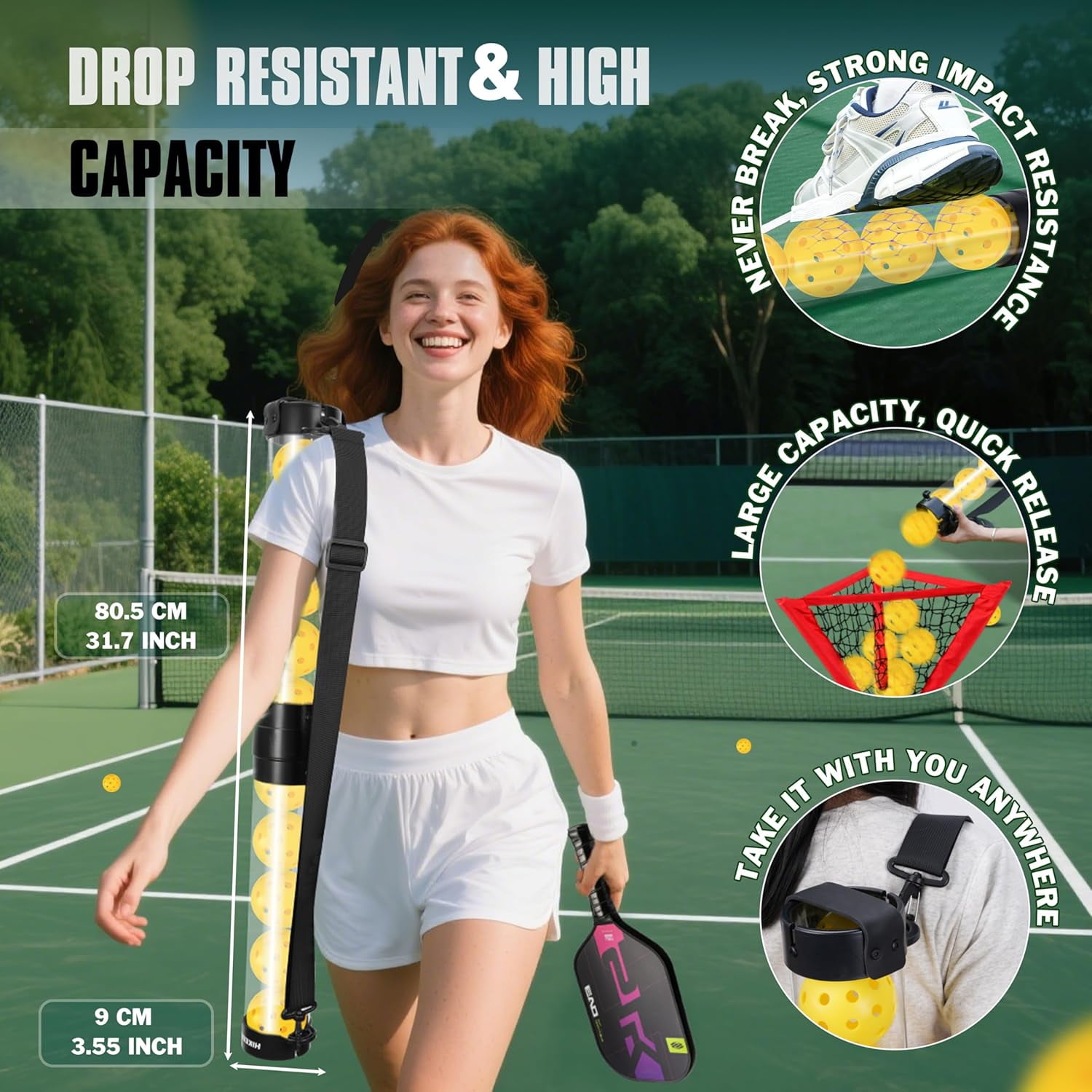 Adoreal Durable Pickleball Ball Retriever with 10 Pickleballs,Quick Pickup & Storage Pickleball Tube with Shoulder Strap for Pickleball Accessories - Includes 10 balls