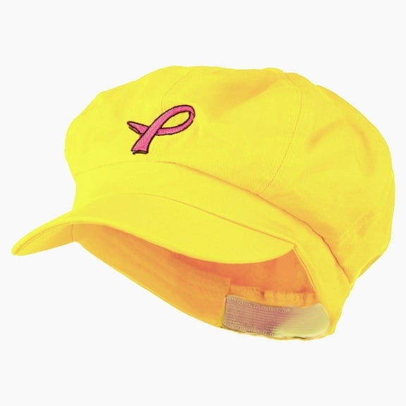 Hot Pink Ribbon Breast Cancer Embroidered Newsboy Cap - Yellow OSFM