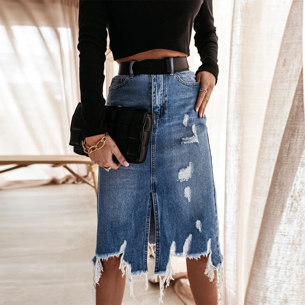 Loose Chic Skirts For Women Elegant High Waist Office Lady Long Skirt Fashion Blue Denim Skirt Female Clothing