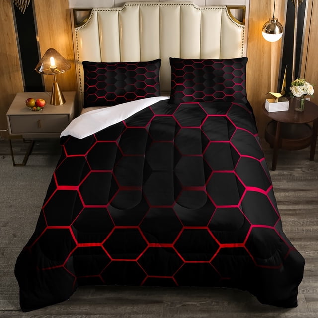 YST Kids Red and Black Comforter Honeycomb Geometric Bedding Queen Size for Boys Modern Geometry Hexagon Bedding Comforter Sets Geometrical Beehive Geometric Bed Set with 2 Pillow Cases