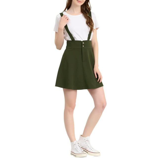Unique Bargains Femmes Casual Ensemble Robe Sangle Bouton Bretelles avant Jupe Armée Vert M