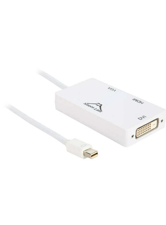 Nippon Labs AD-MINIDP-HDMI-VGA 6" MINI DP DisplayPort Male to HDMI DVI VGA Female 3-in-1 Adapter, White
