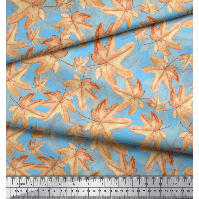 Soimoi Blue Poly Georgette Fabric Autumn Leaves Decor Fabric Printed Yard 42 Inch Wide