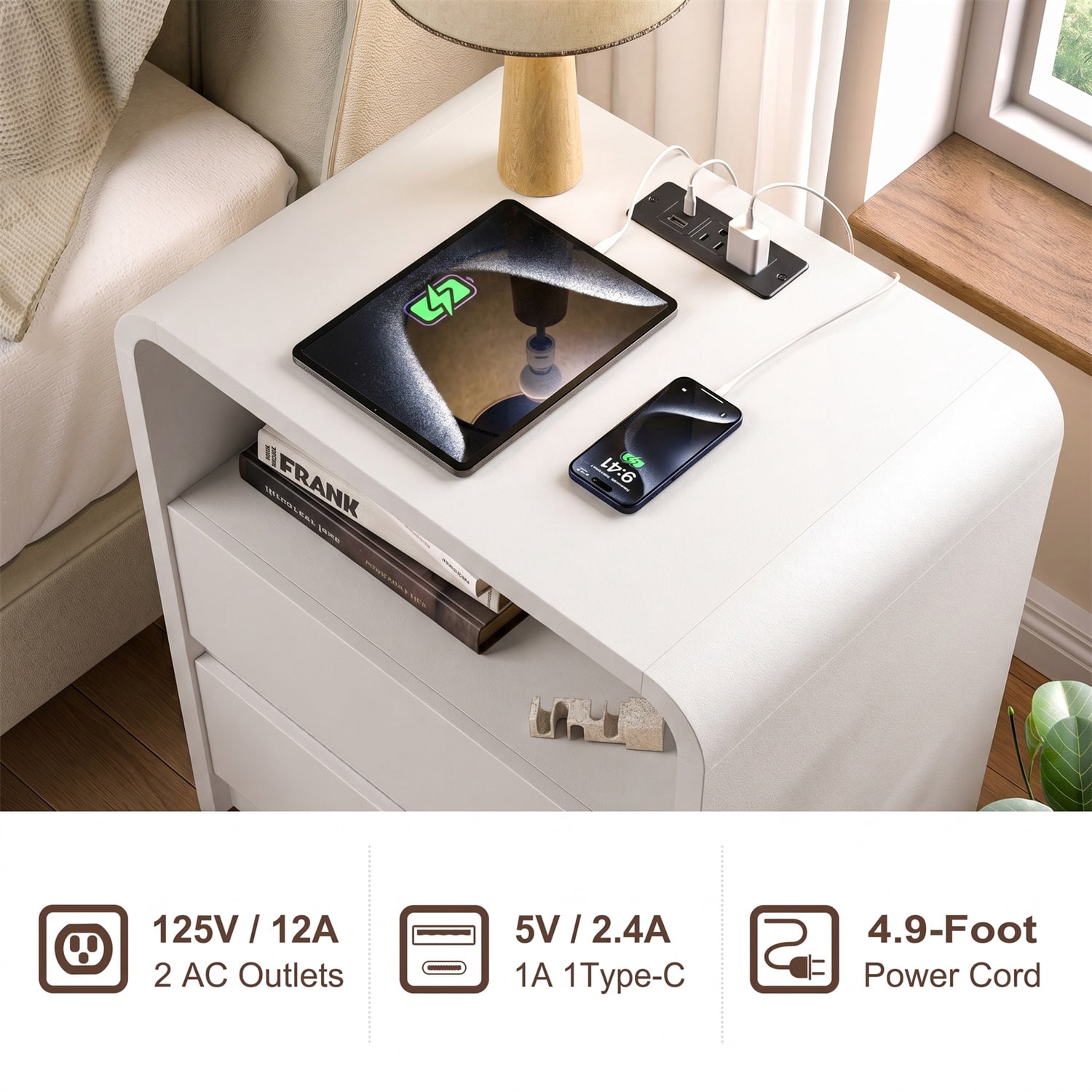 Hommoo Modern Mid-Century Nightstand with Built-in Charging Station, 25" Tall Bedside Table with 2 Soft-Close Drawers, 2 AC Outlets & 2 USB Ports, Engineered Wood Bedroom End Table, White