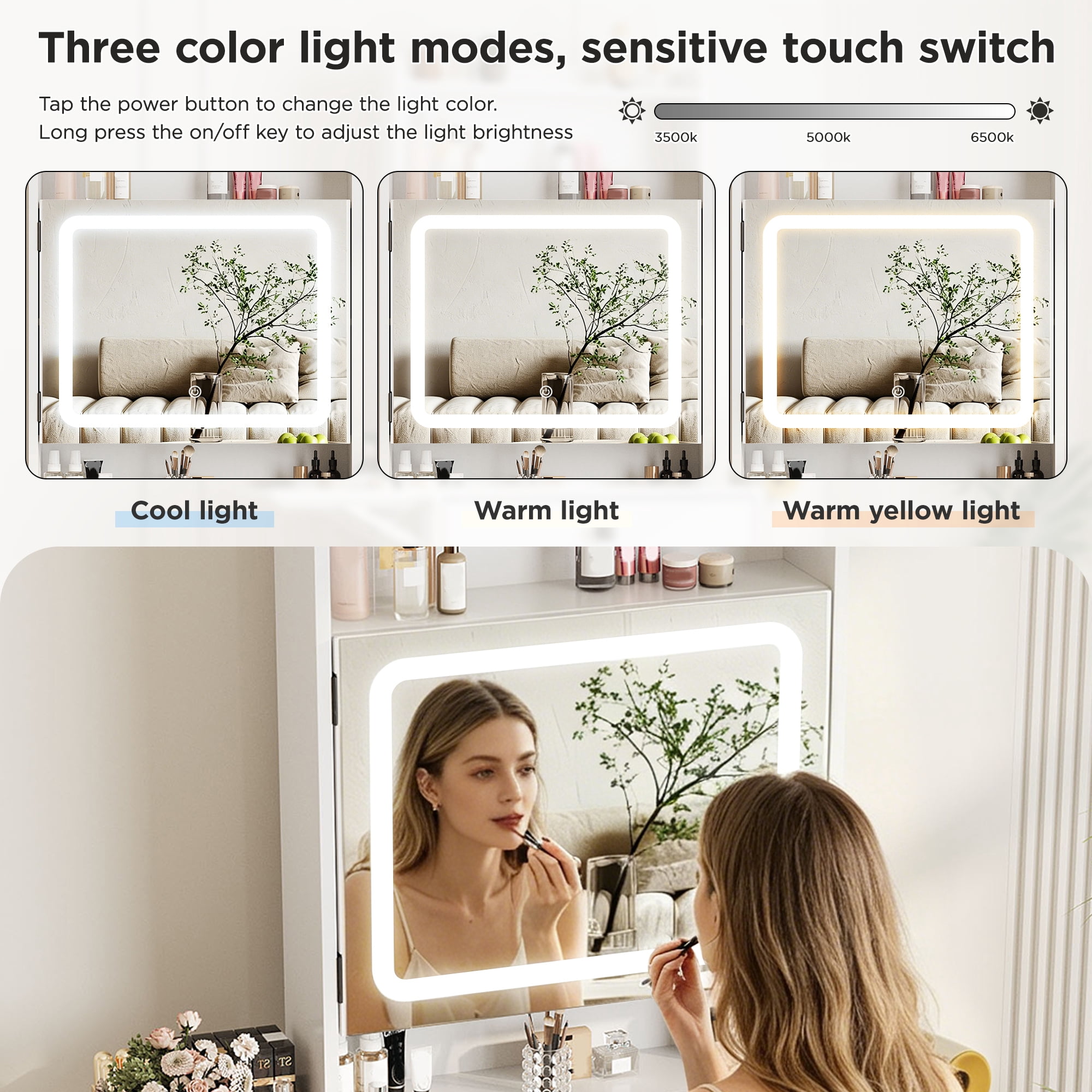 VEANERWOOD 21.4" White Vanity Desk with LED Light Mirror & Power Outlet, Glass Top Vanity Table Set with 2 Drawers, 8 Shelves, Makeup Table with Foldable Panel for Small Space