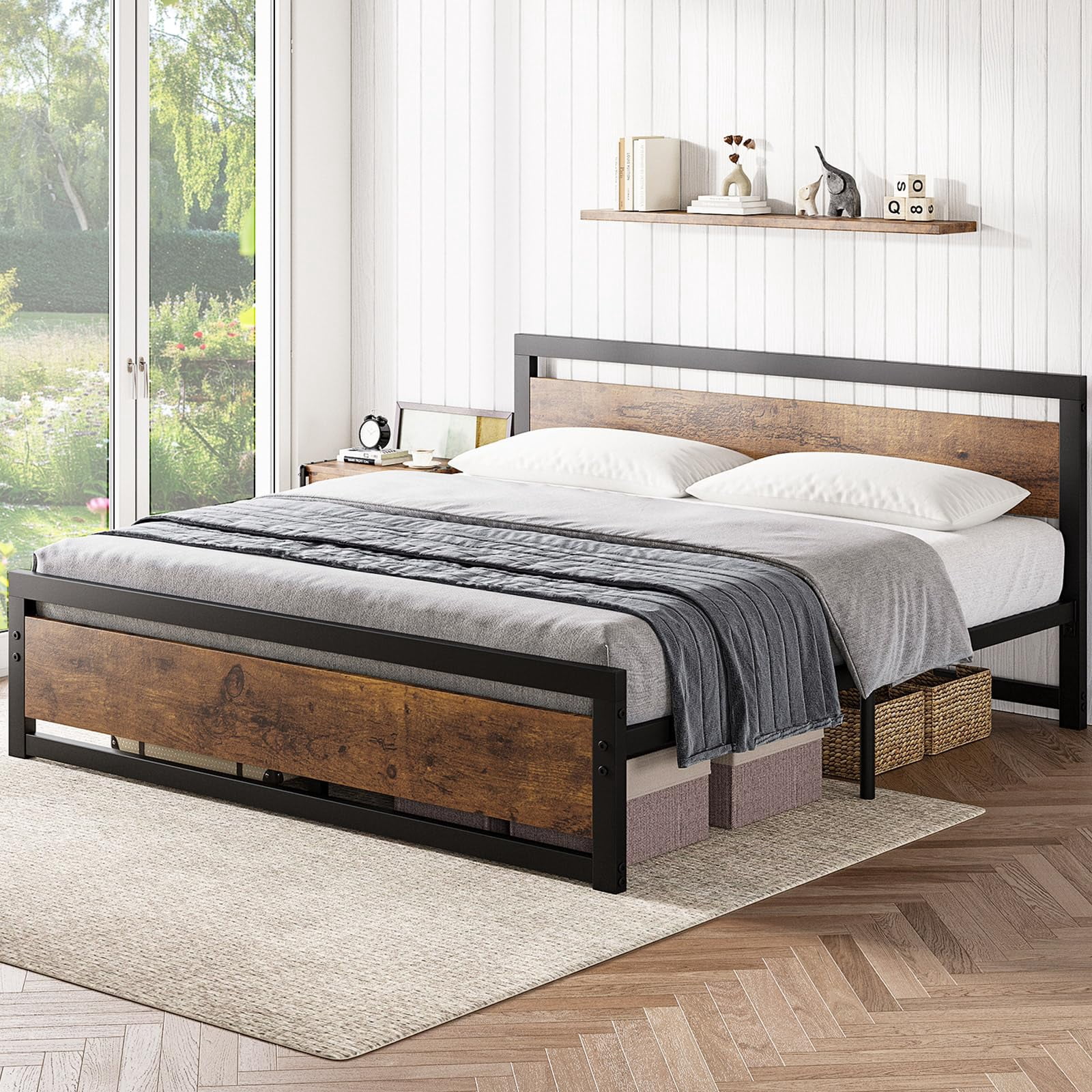KOKEBREN King Size Bed Frame, Industrial King Platform Bed with Headboard No Box Spring Needed,Brown