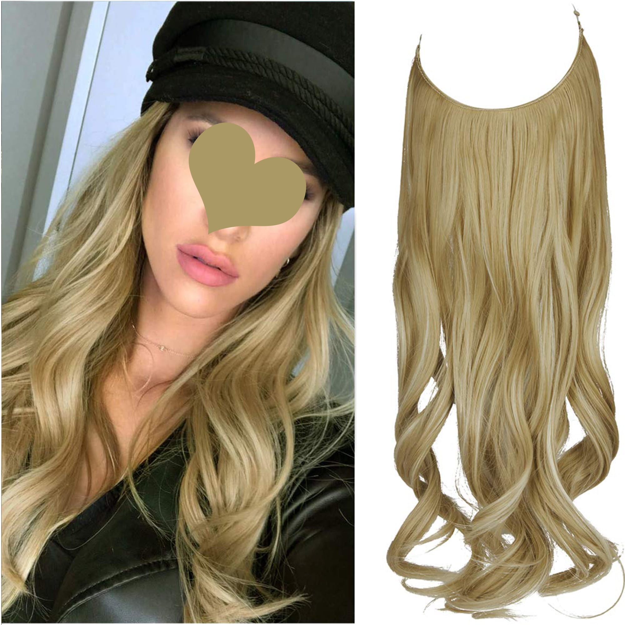 Hairpiece Hair Extensions with Invisible Transparent Wire Adjustable Size  Removable Secure Clips in Curly Wavy Hidden Secret Hairpiece for Women 20  Inch  Oz -Black Brown Blonde 