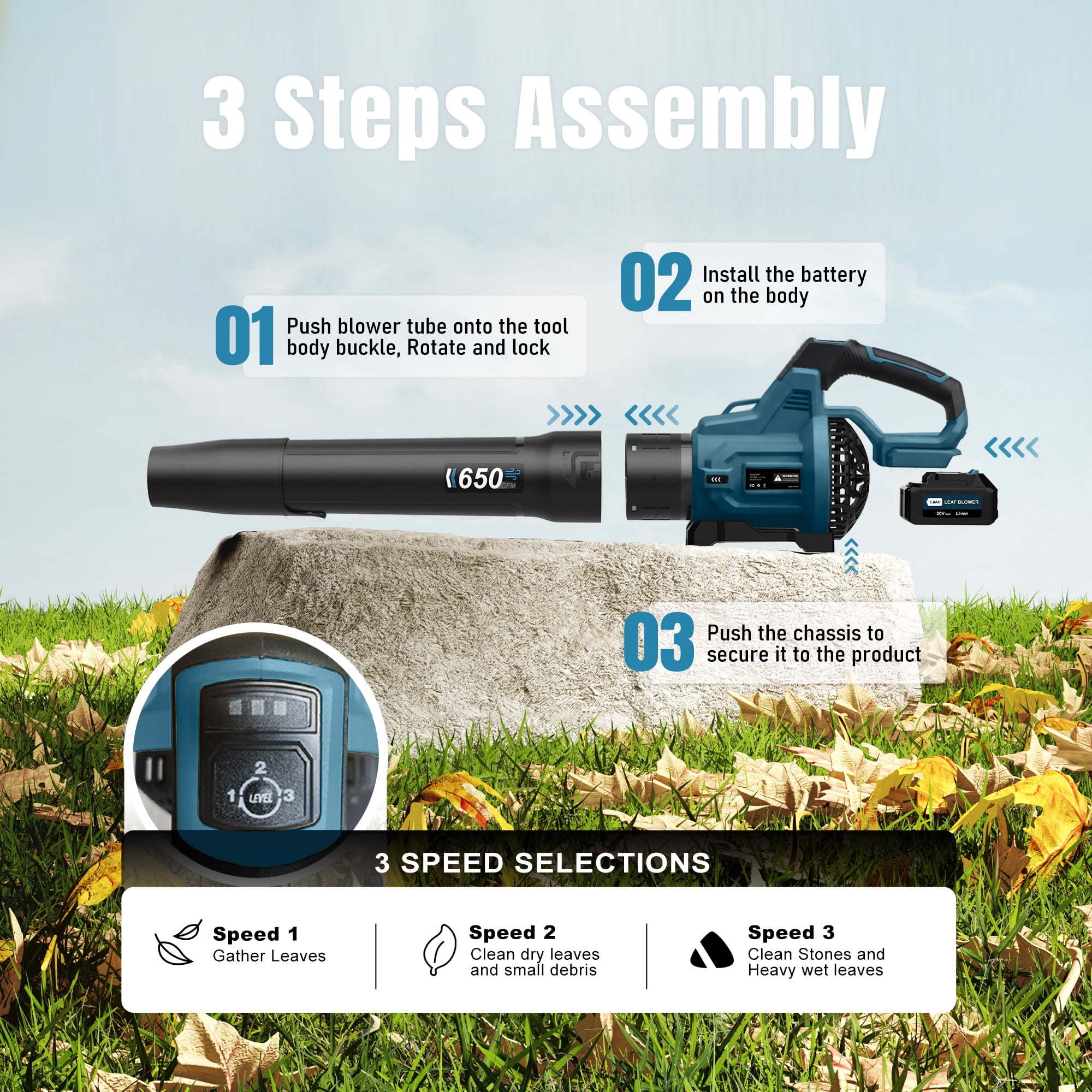 Cordless Leaf Blower with 2 x 5.0Ah Batteries, 650CFM 3-Speed Electric Leaf Blower for Lawn Care, Yard, Snow, and Debris