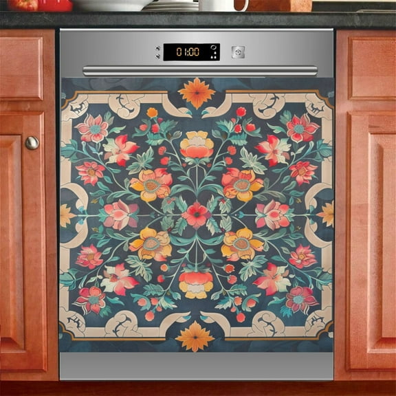 Moroccan Floral Dishwasher Magnetic Refrigerator Magnet Cover Kitchen Art Panel Decal Sticker Home Decorative 23"x26"