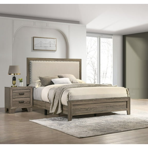 Beautiful Gray Finish 3Pc King Size Panel Bed and 2x Nightstand Wooden Furniture Set