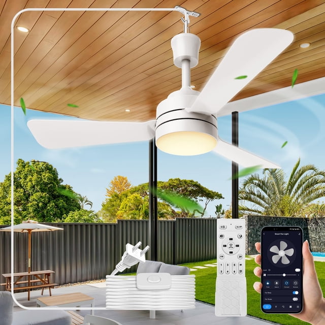 Ventilador de techo enchufable con gancho,Ventilador de luz 35W,5M cable de luz,Diámetro 28in/70cm.con mando a distancia, adecuado para la habitación, tienda al aire libre, verandas, garaje.Blanco.