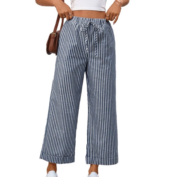 Staron Women's Casual Striped Pants Elastic Waist Straight Leg Ankle Pants with Pockets, Navy S