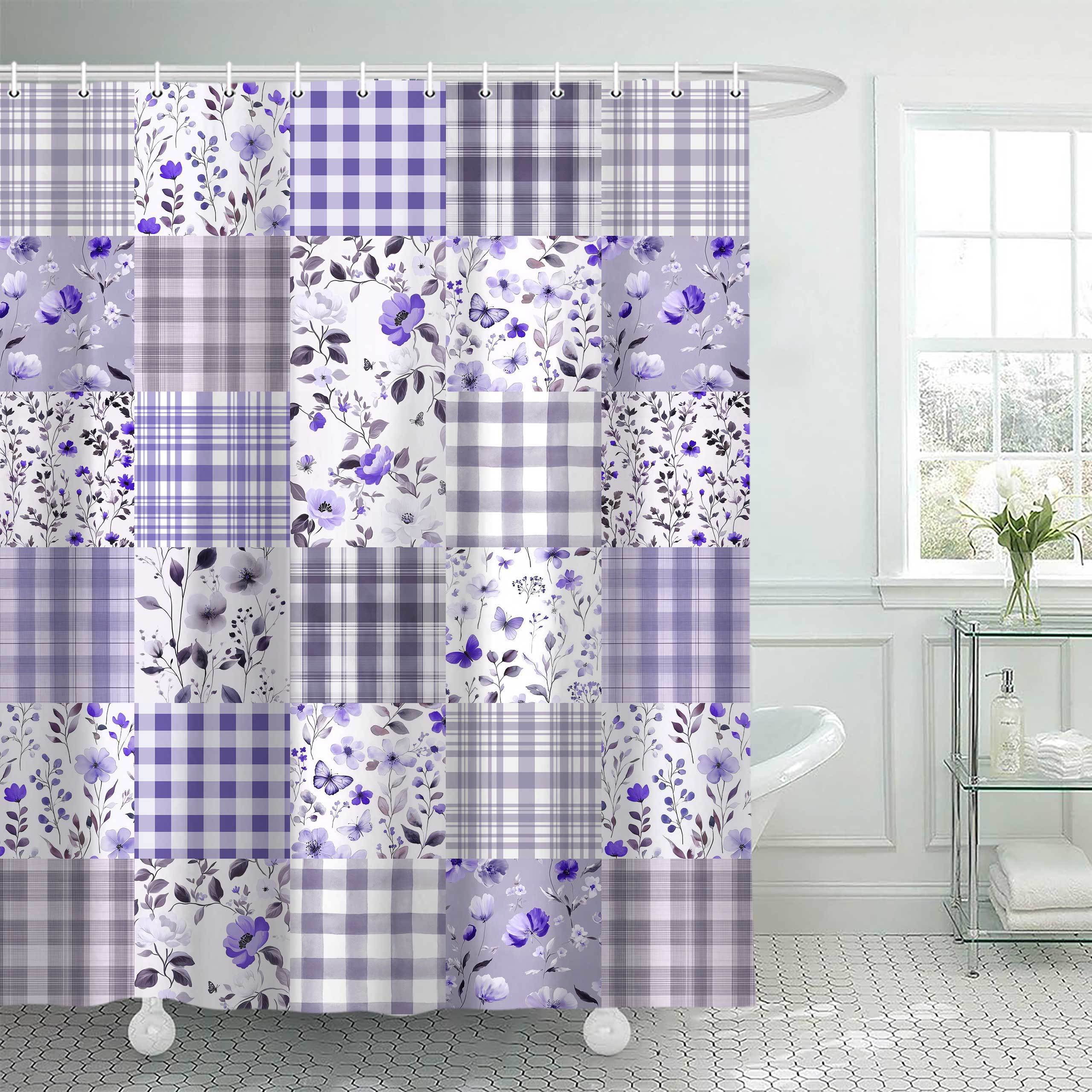 Cute Plaid Floral Shower Curtain, Boho Purple Flower Fabric Shower Curtains for Bathroom, Retro Purple Floral Checkered Patchwork Bath Curtain Set Washable Waterproof with 12Hooks,70X85in