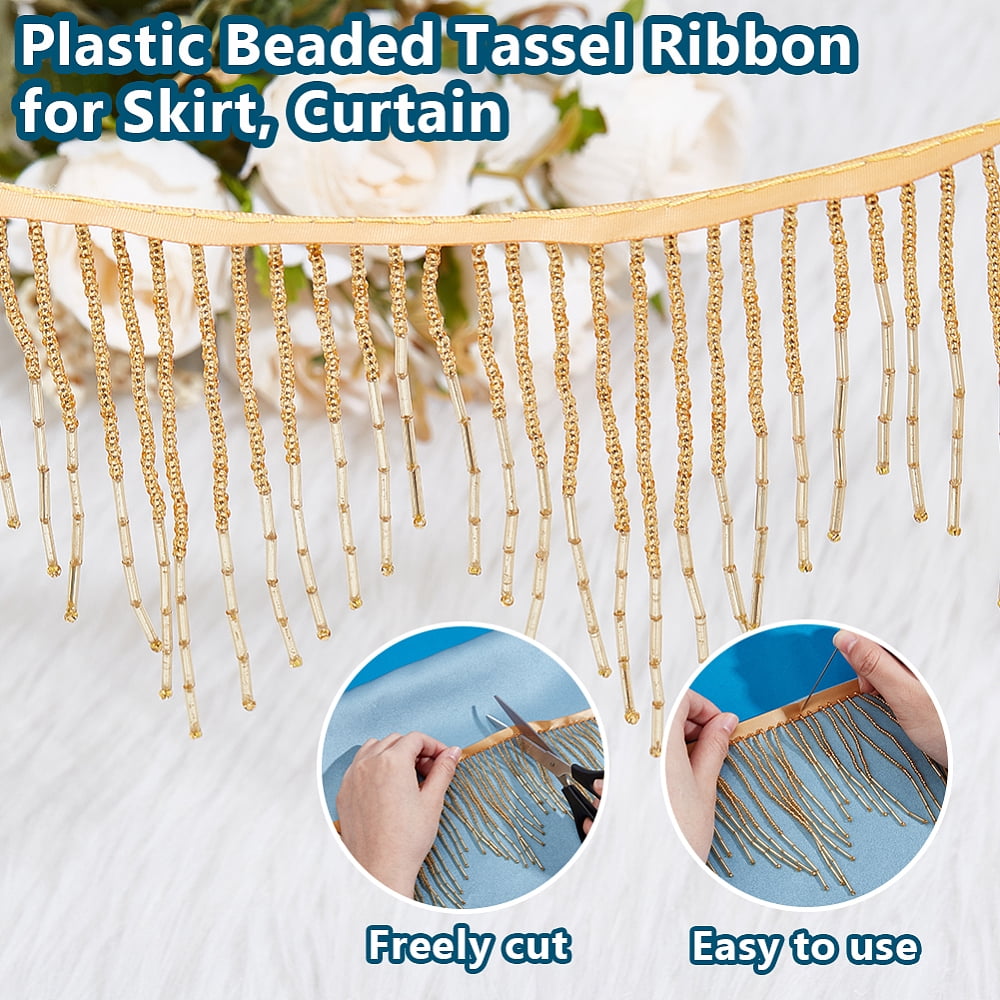 1 Set 1.8 Yards Glass Beads Fringe Tassel Lace Trim Ribbon Cotton Ribbon Clothing Accessories Gold 5-1/2 inch(140mm)