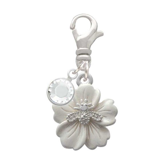 Delight Jewelry Silvertone Bee on White Flower - Silvertone Clip on Charm with Clear Crystal Drop