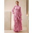 thumbnail image 4 of Womens Pink Elegant High Neck Long Sleeve Pleated Maxi Dress With Ruched, 4 of 6