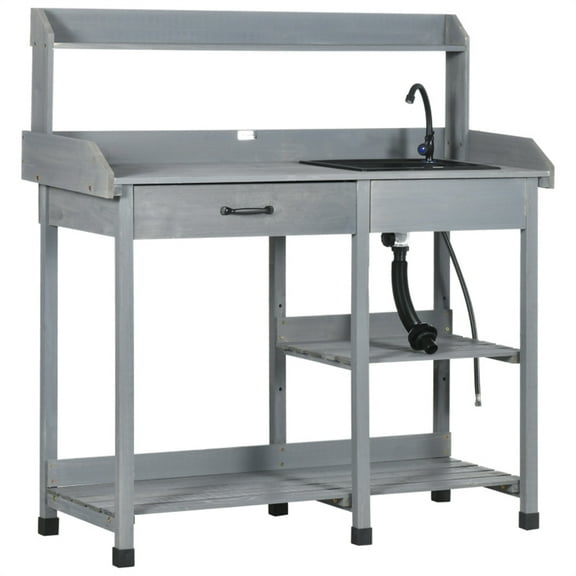 Solid Fir Wood Garden Work Bench | Outdoor Potting Table with Sink & Storage | Gray | 45" Wide | Durable & Waterproof | Patio Furniture