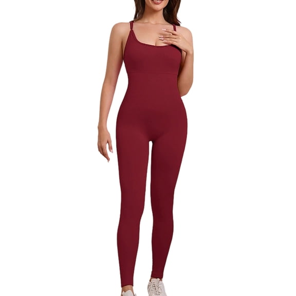 ZACPNCV Womens Seamless Yoga Jumpsuit Solid Built In Pads Cross Back Straps Shaping Dance Activewear Bodysuit