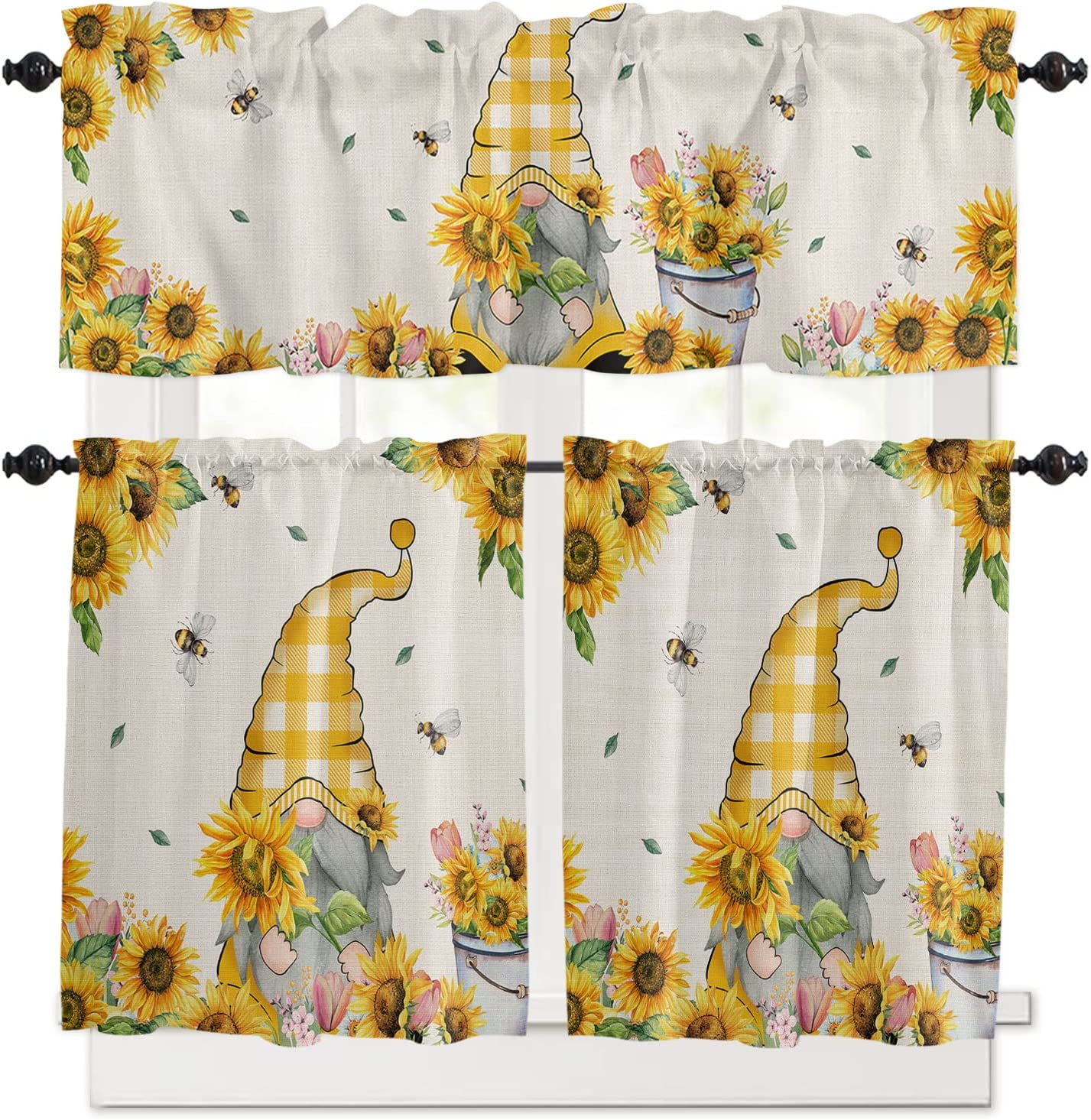 Sunflower Kitchen Curtains Tiers and Valance Set 3 Piece for Windows