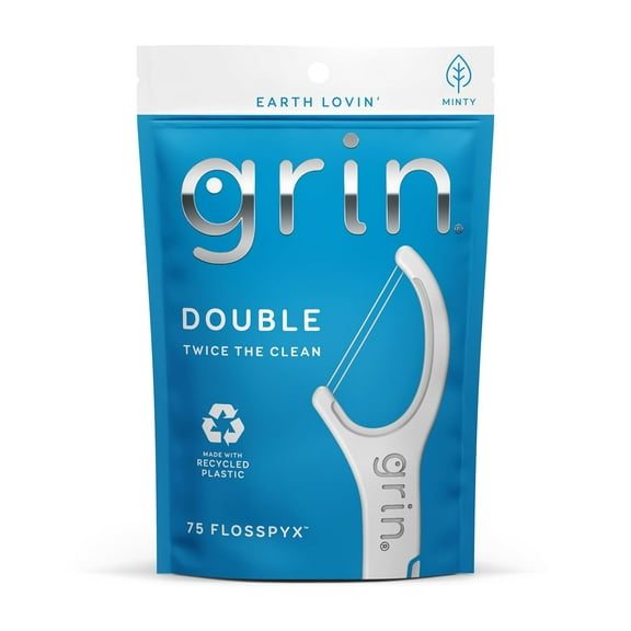 Double Flosspyx, Floss Picks, 75 Count, Dental Flossers, Minty Flavor, Recycled Plastic, 2 Lines of Strong Floss, Longer Floss Head, Traps Food and Plaque, Includes Safe Soft Fold-Back Tooth Pick