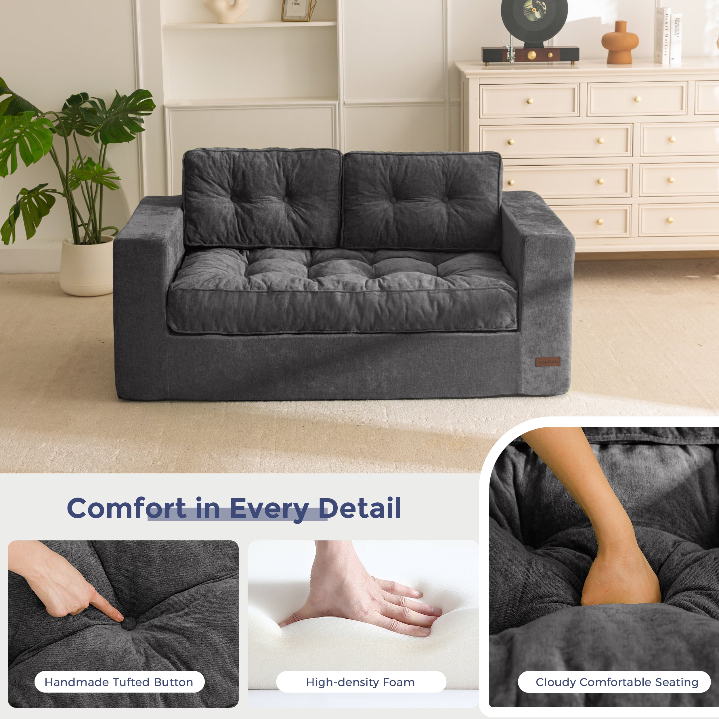 BYBYME 2 Seater Boneless Couch,Chenille Comfy Sofa with Extra Deep Seats for Living Room,Loveseat Bean Bag Chair,DGrey