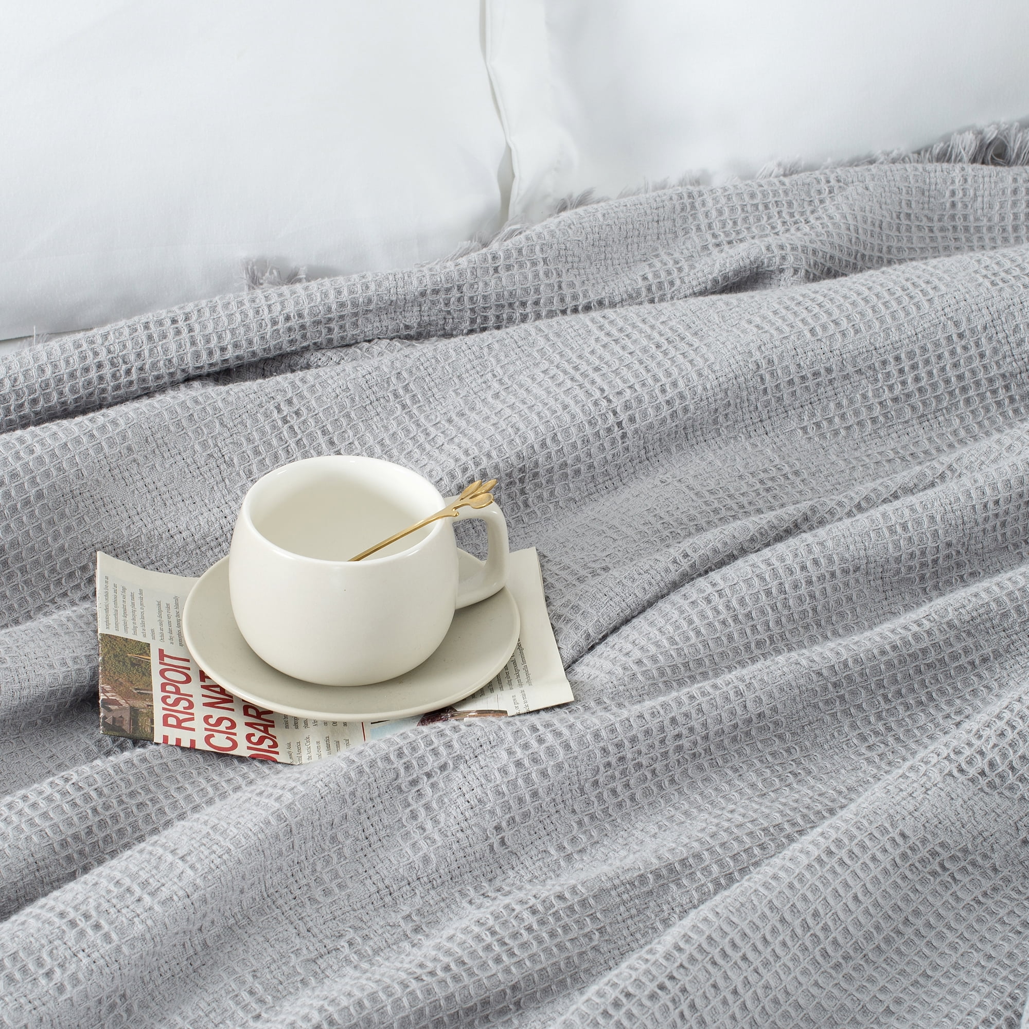 VERAMUSE 100% Cotton Blanket for Bed Grey 90"x90" Queen Size Breathable Thin Blankets for Summer