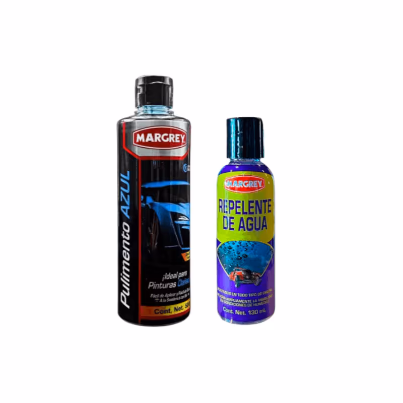 Combo Profesional Margrey | Repelente de Agua para Vidrios 130 ml + Pulimento Azul Profesional Grano Medio 500 ml