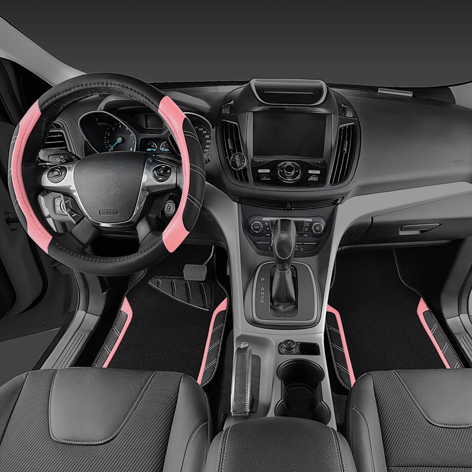 CAR GRAND Microfiber Steering Wheel Cover and Waterproof Car Floor Mats,Leather Universal Car Combo Fit for 95% Truck,SUV,Cars,14.5-15inch Sporty Anti-Slip Safety Comfortable Design(Black and Pink)
