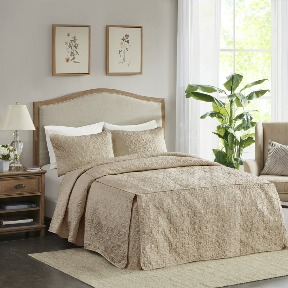 Home Essence Vancouver 3 Piece Fitted Bedspread Set, Queen, Khaki