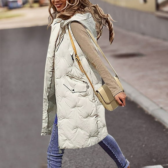 Bmisegm Women's Long Winter Coat Vest with Hood Sleeveless Warm Down Coat with Pockets Quilted Vest Down Jacket Quilted Outdoor Jacket White XL
