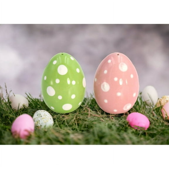 Ceramic Pink Green Easter Egg Salt Pepper Shakers 2in