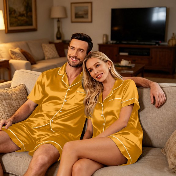 Resicozy Couple Matching Pajamas Sets Short Sleeve Button Down Pjs Sleepwear 2 Piece Lounge Sets Orange XL