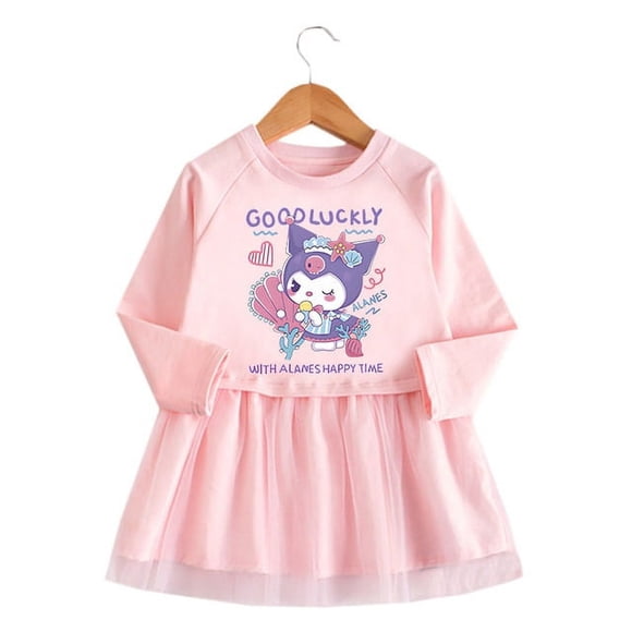 Sanrios Anime Cinnamoroll Kuromi HelloKittys My Melody Children Spring Autumn Long Sleeved Dress Girls Clothing Princess Skirt