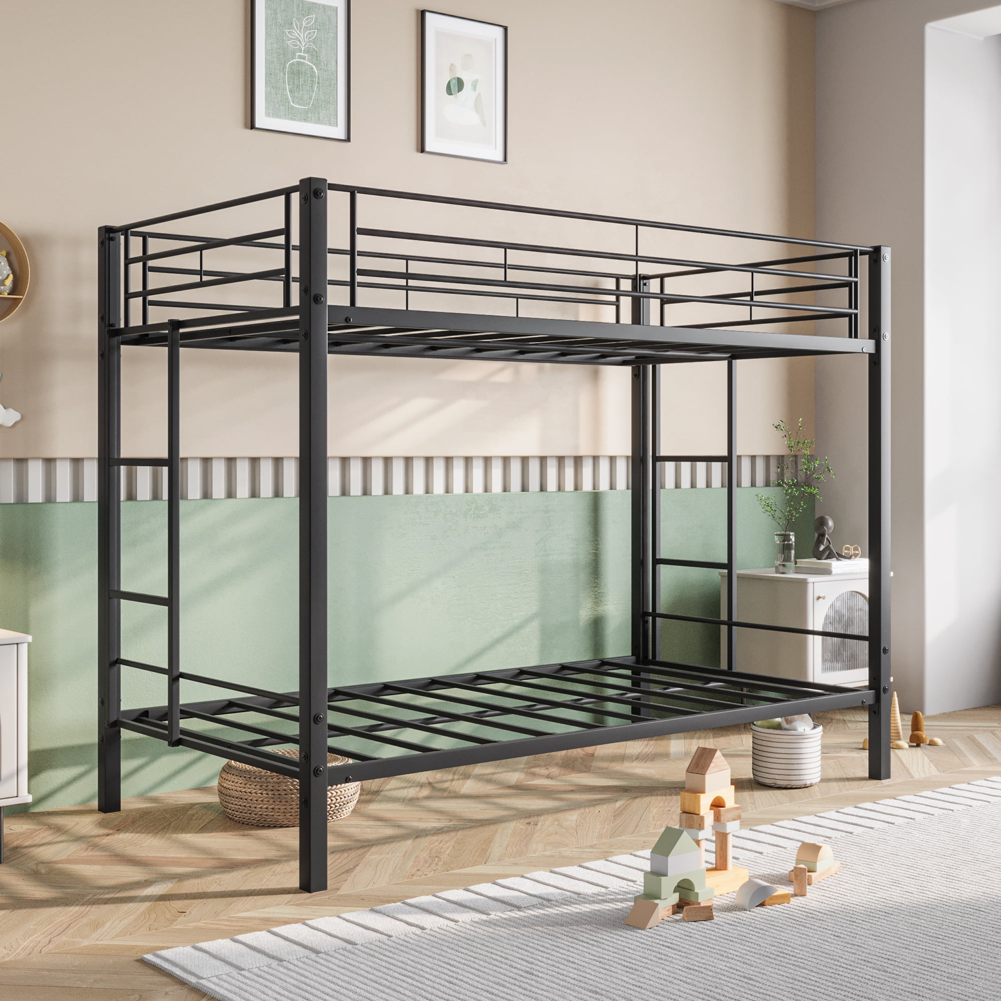 Aukfa Twin-Over-Twin Bunk Bed, Heavy Duty Metal Platform Beds for Kids Teens Dorm - Black