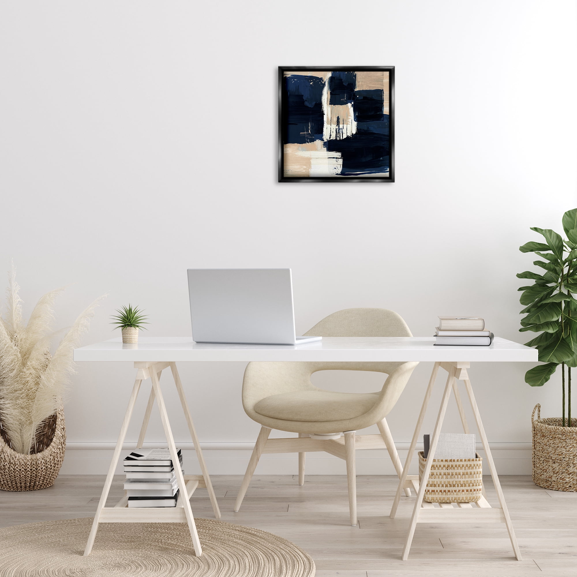 Stupell Industries Restless Blue & Tan Shapes Abstract Painting Black Floater Framed Canvas Art Print Wall Art, 18 x 18